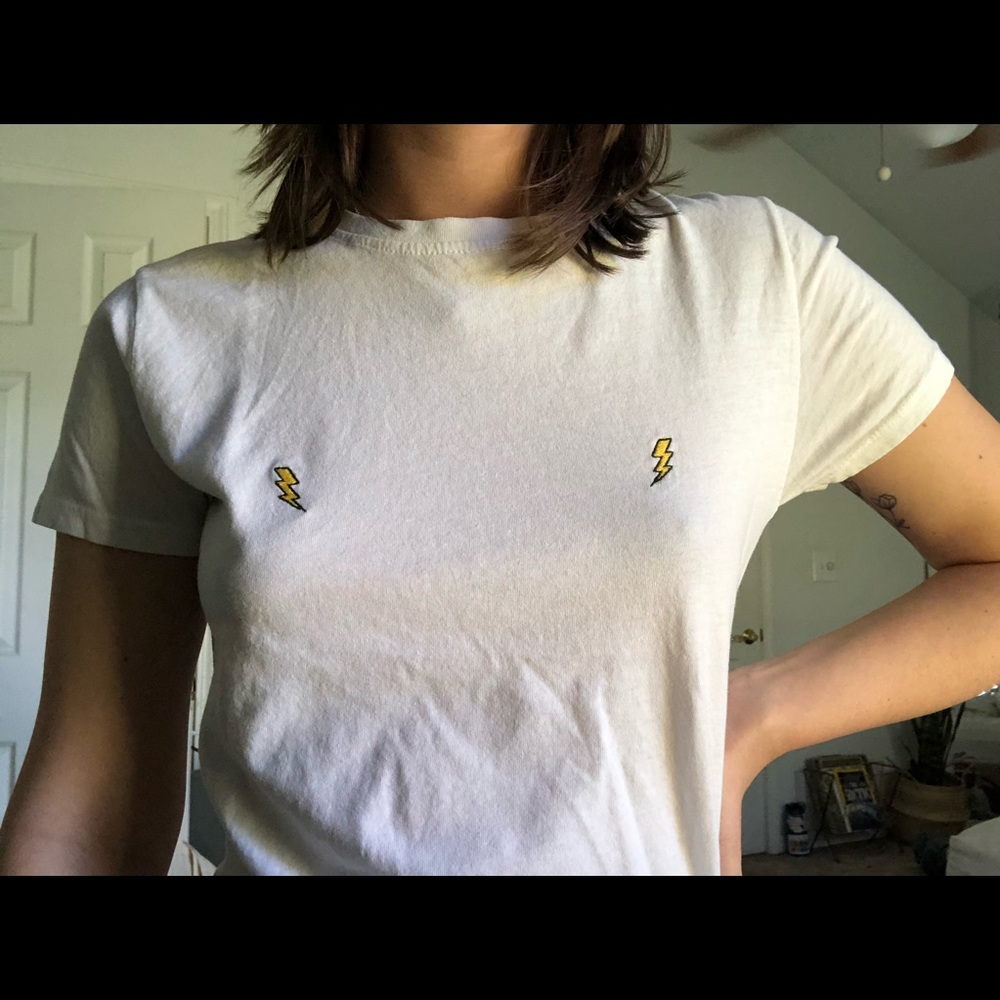 Lighting bolt, patch t-shirt.